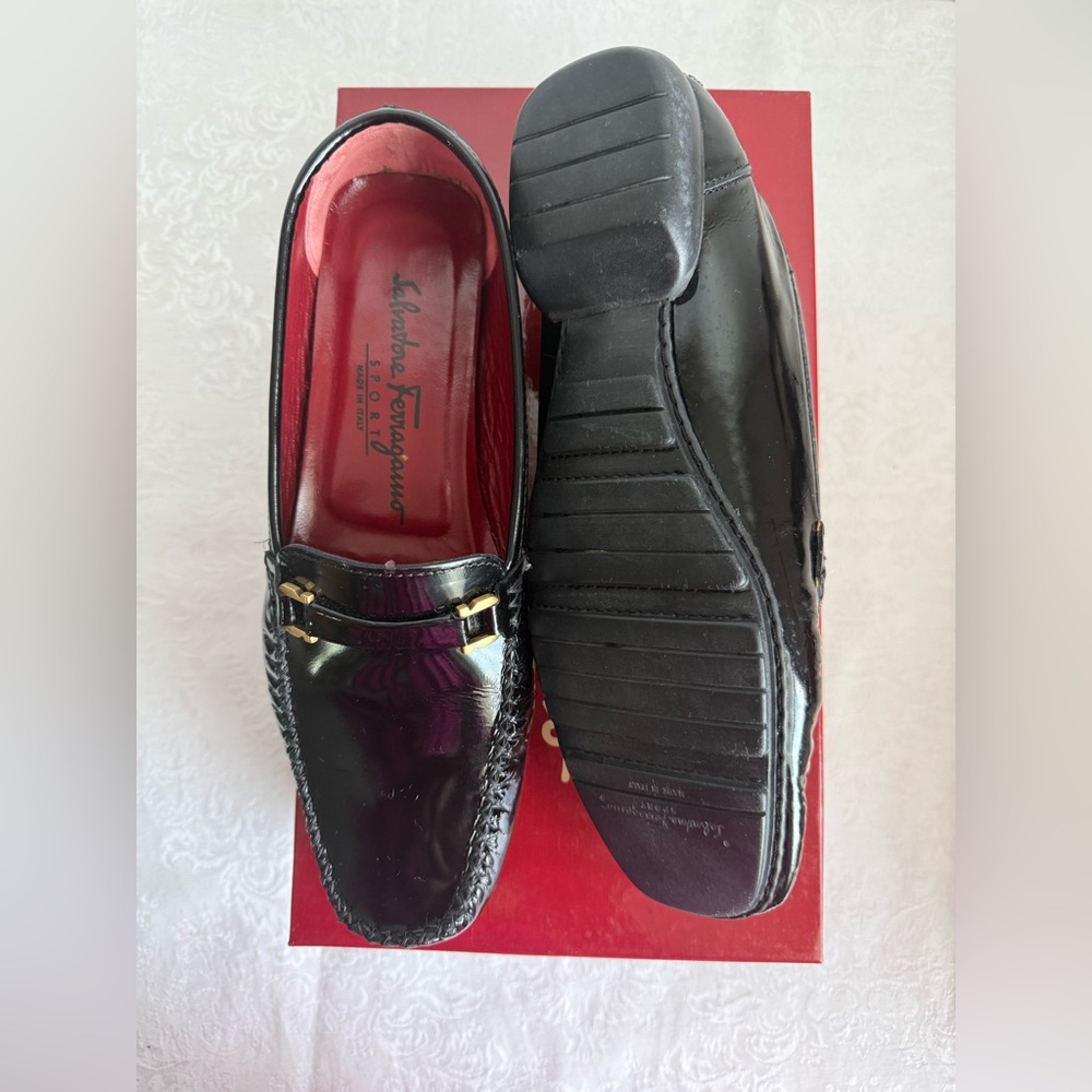 Salvatore Ferragamo Black Patent Leather Loafers with Gold Tone Hardware - Picture 5 of 9